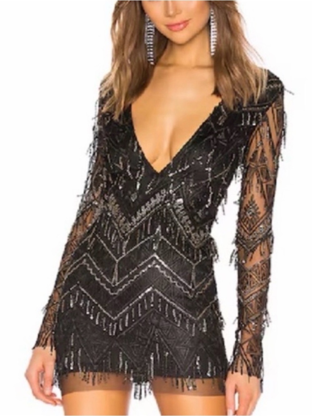 Superdown Revolve Black Beaded Fringe Long Sleeve Mini Dress